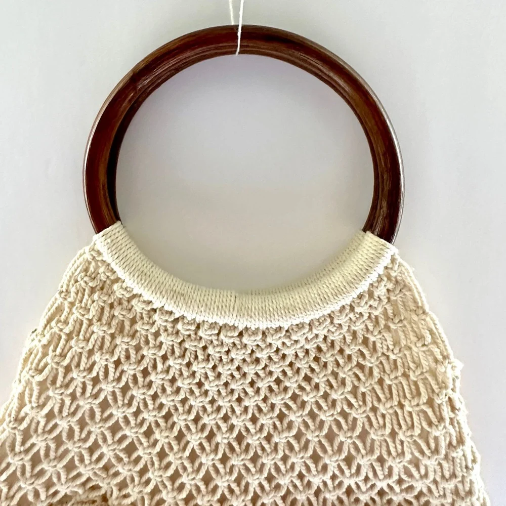 Macrame Crochet Handbag Woven Purse Wood Ring Handles Fringe Boho Bag NEW